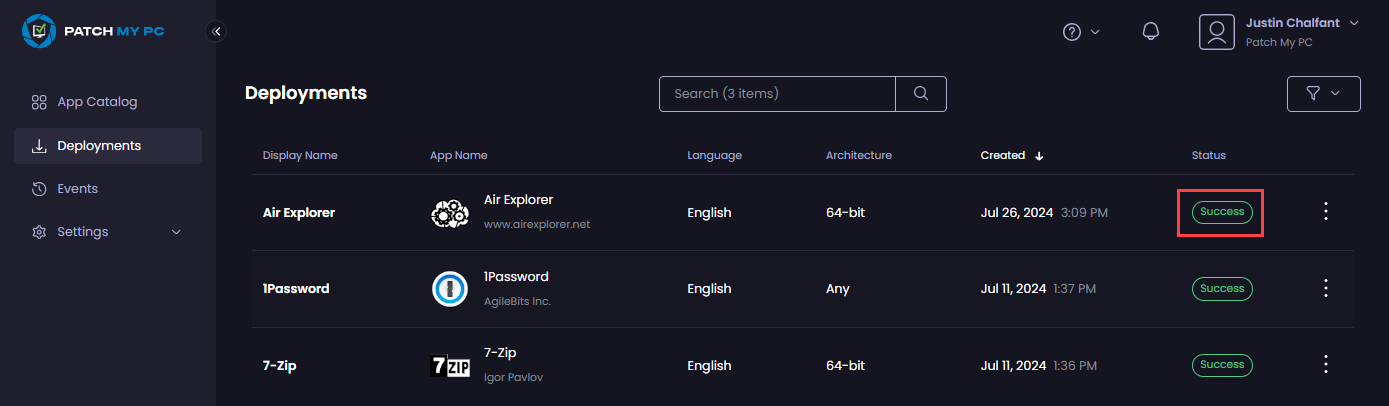 “Status” changing to Success.