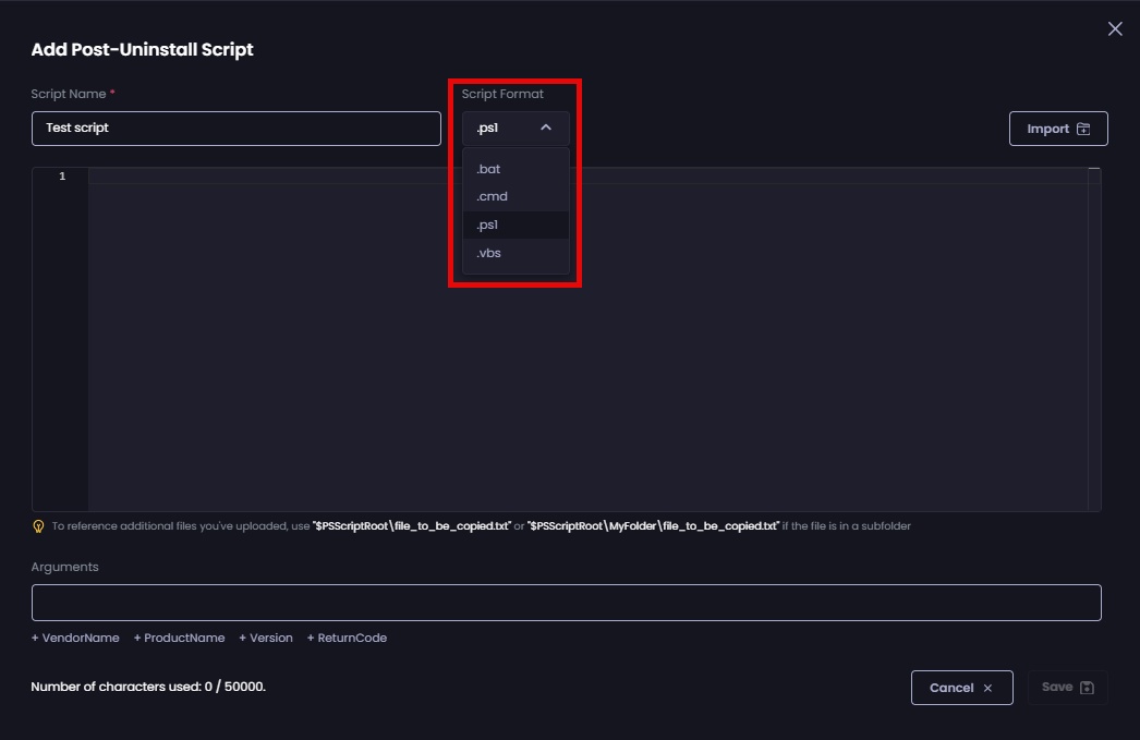 Selecting the type of script from the 'Script Format' dropdown.