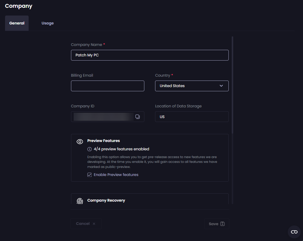“Company” screen