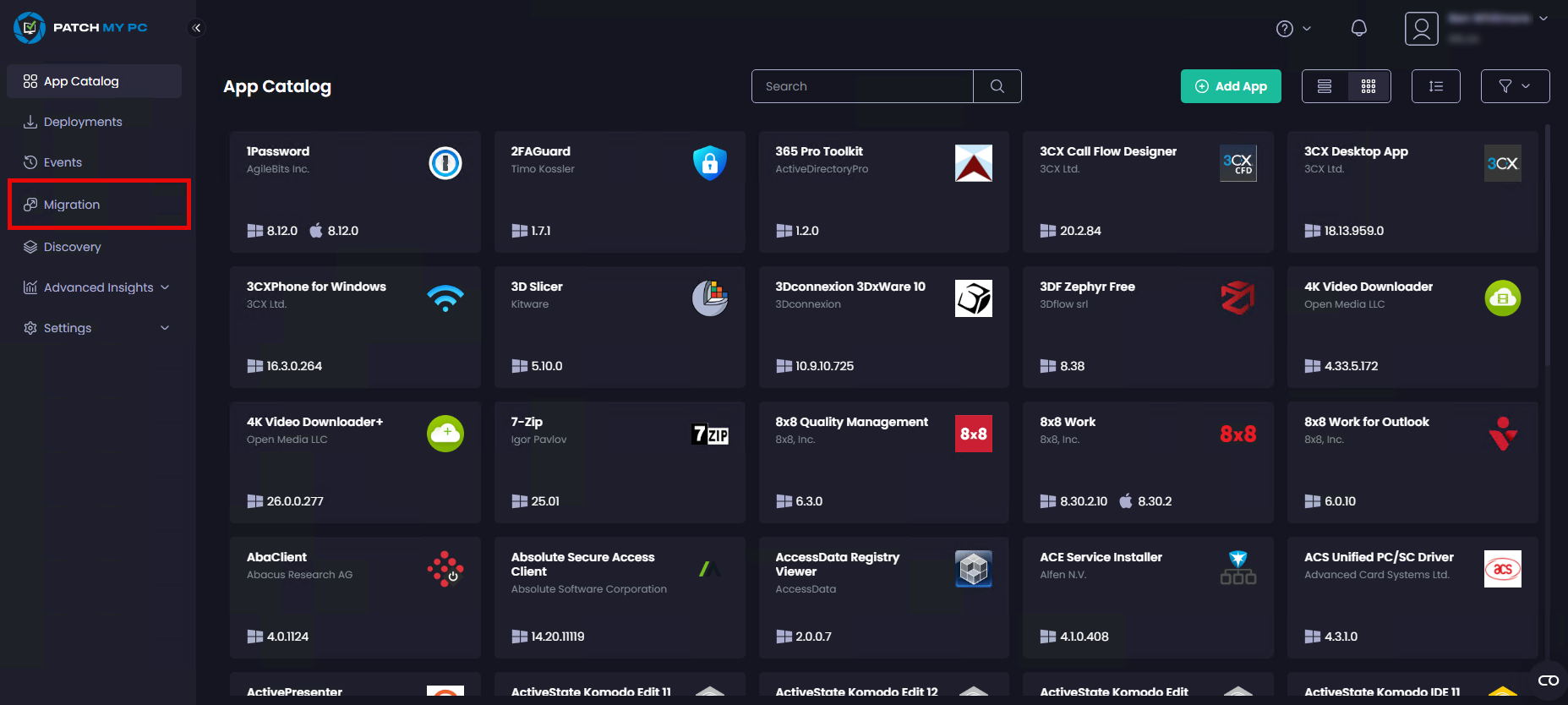 Click Migration to access the migration feature