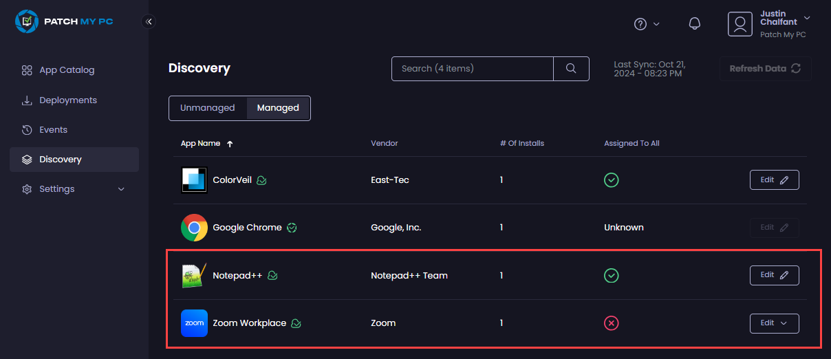How an app only deployed through PMPC Cloud appears in the “Managed” tab 