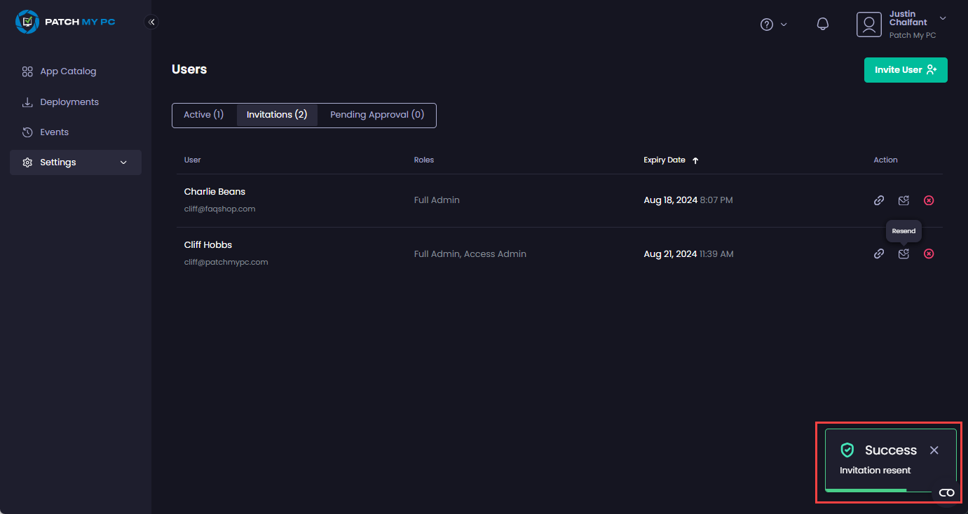 “Success - Invitation resent” notification