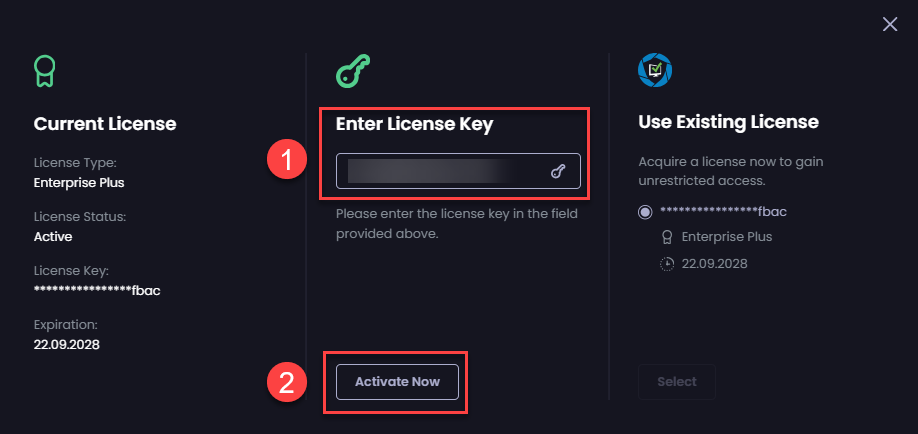 Entering the license k and clicking 'Activate Now'