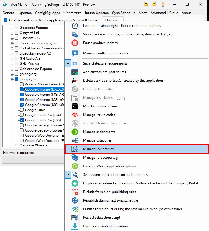 Manage ESP Profiles in the Product Tree