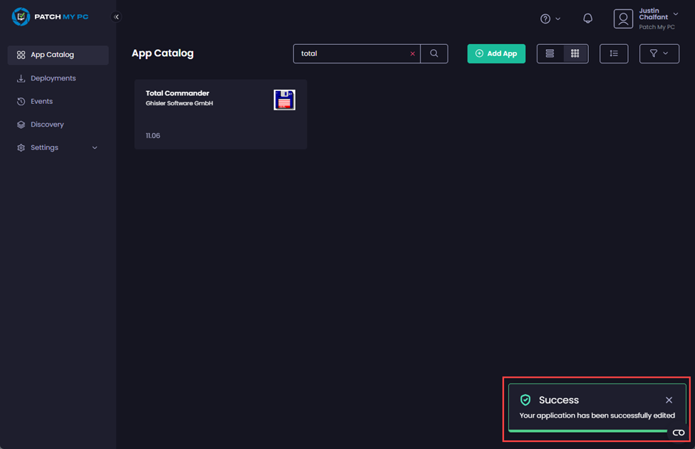 “Success – Your application has been successfully edited” notification