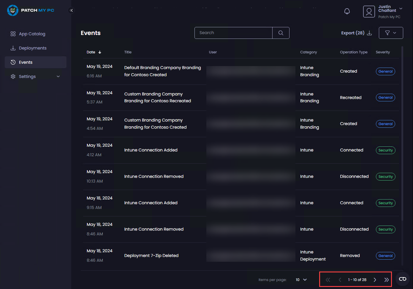 Controls in the footer of the “Events” page