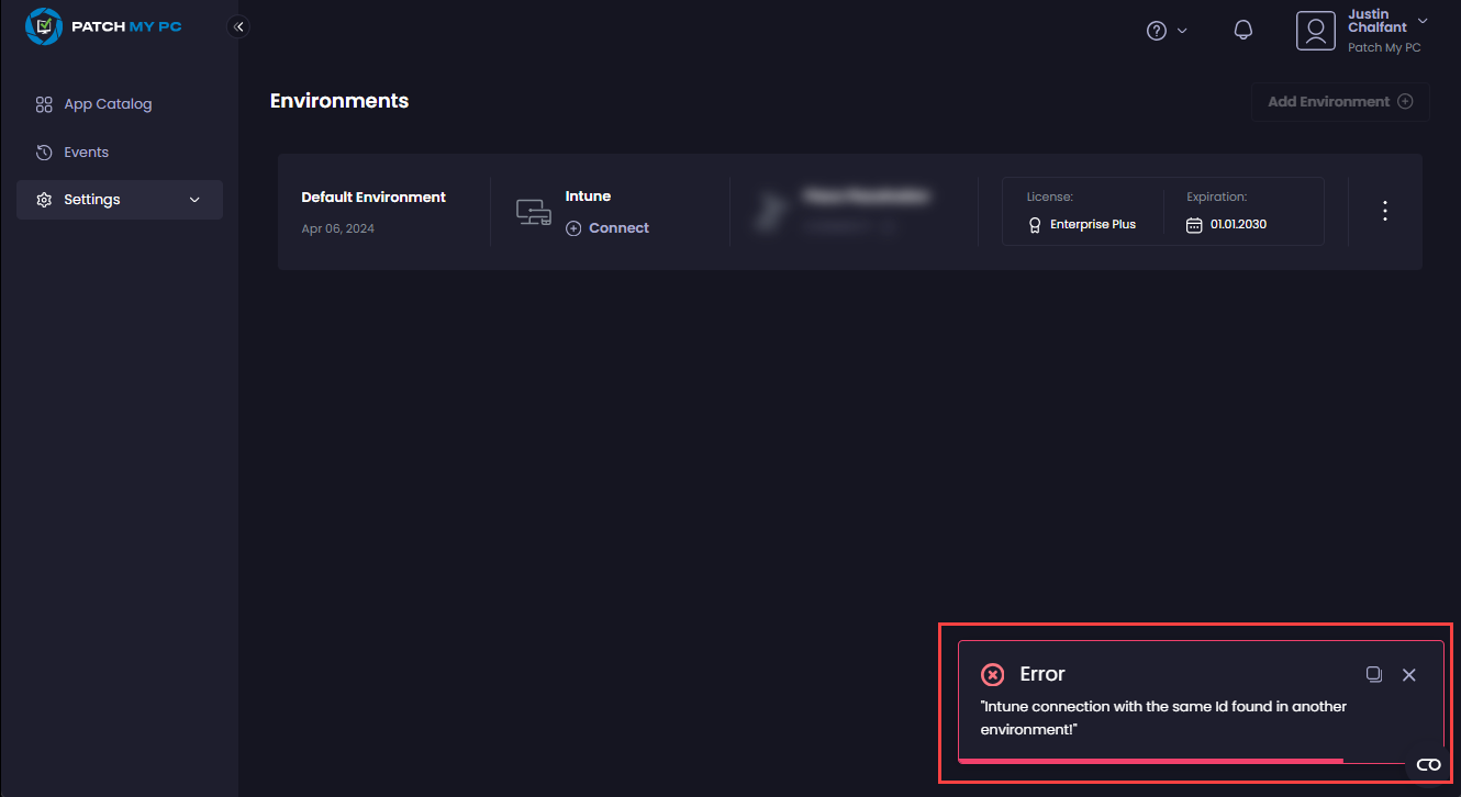 "Intune connection with the same Id found in another environment"