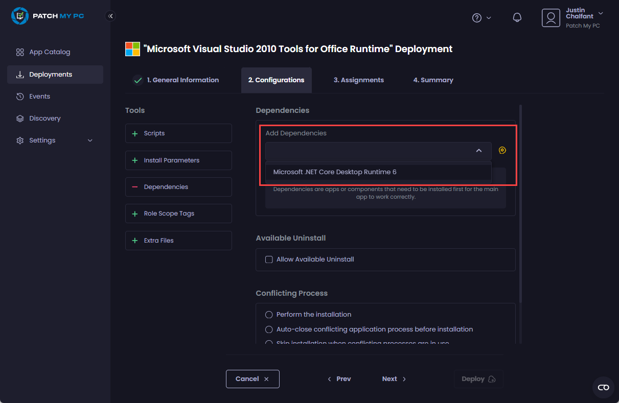 Required app missing from the “App Dependencies” dropdown