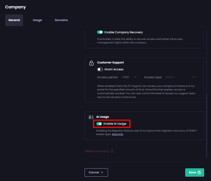 Clicking the 'Enable AI Usage' slider to enable it