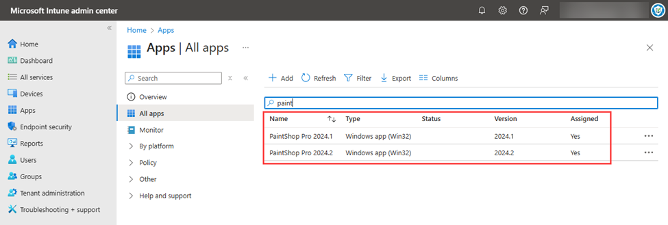Intune admin center shows both the existing app (version 2024.1) and the new version we have just deployed (version 2024.2).