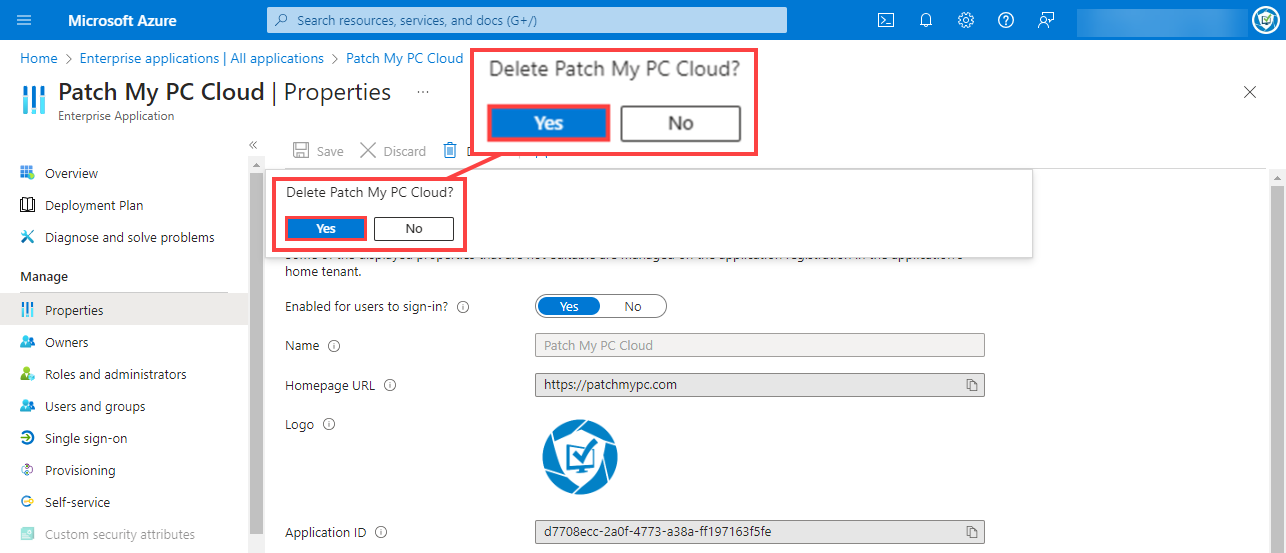 Clicking “Yes” when prompted to “Delete Patch My PC Cloud” app from the Azure Portal
