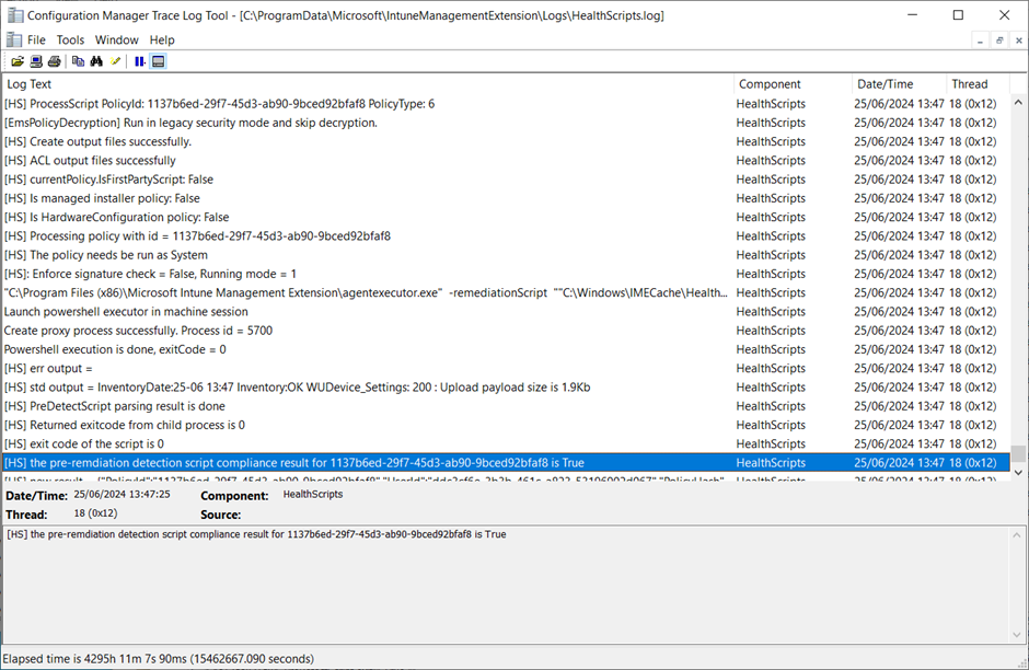 “HealthScripts.log” snippet showing if the pre-remediation (detection) script has found the certificate already installed in the local machine’s Trusted Publishers store.