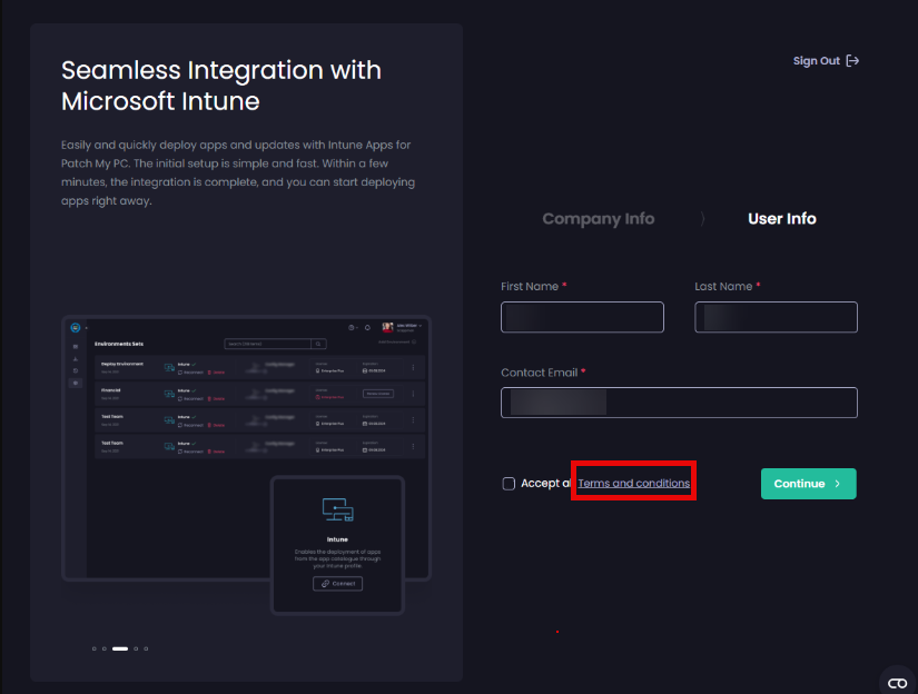 Clicking the 'Terms and Conditions' link