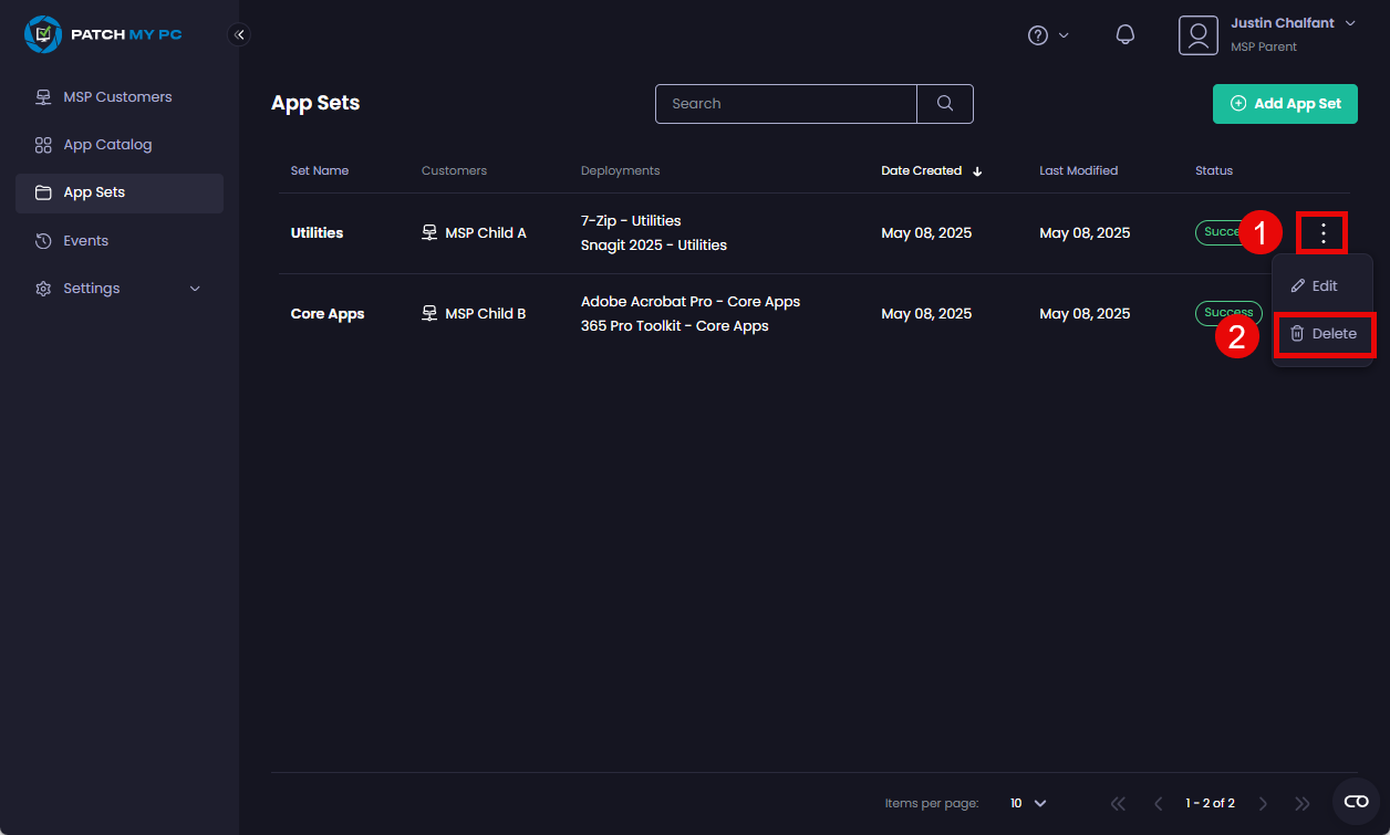 Clicking the ellipsis beside the App Set you want to delete and selecting “Delete”