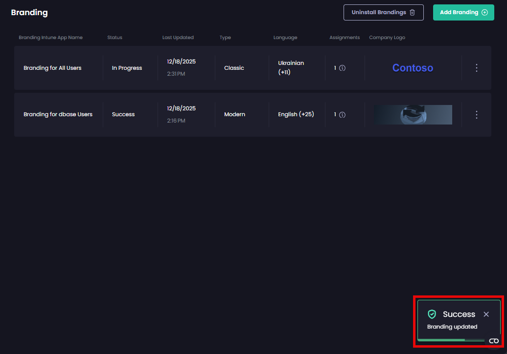 'Success – Branding updated' notification