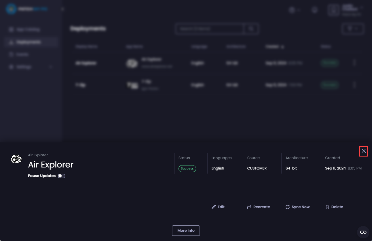 Clicking “X” to close the deployment properties page