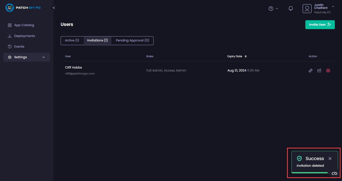 “Success - Invitation deleted” notification