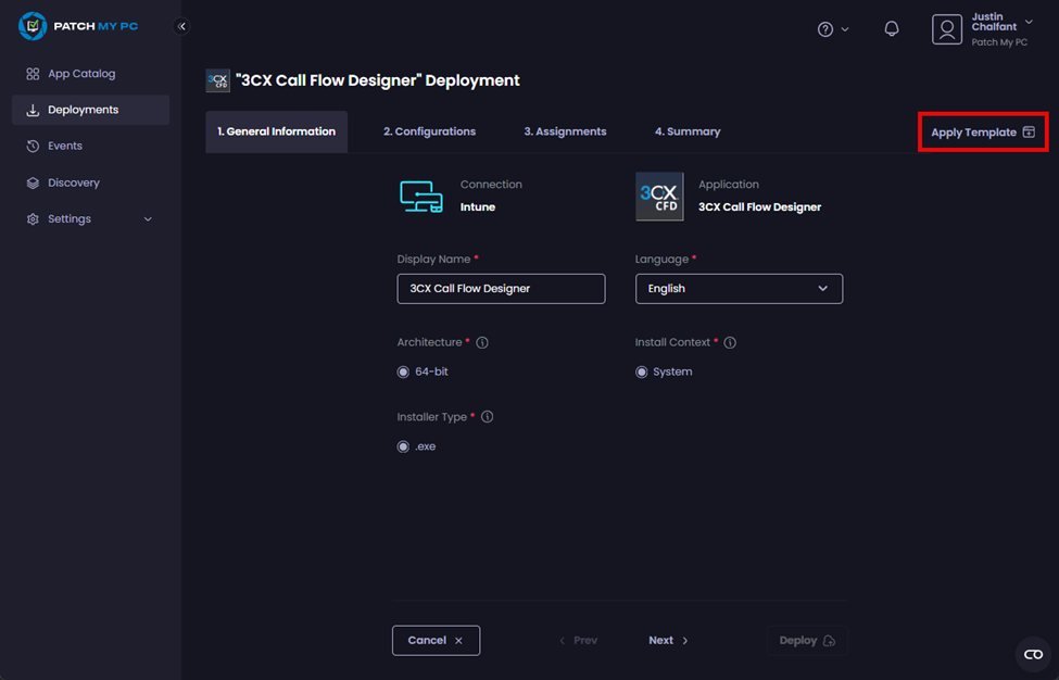 Clicking “Apply Template”