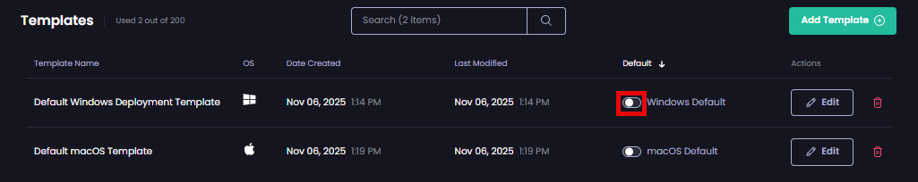 Clicking the 'default' slider beside the relevant template