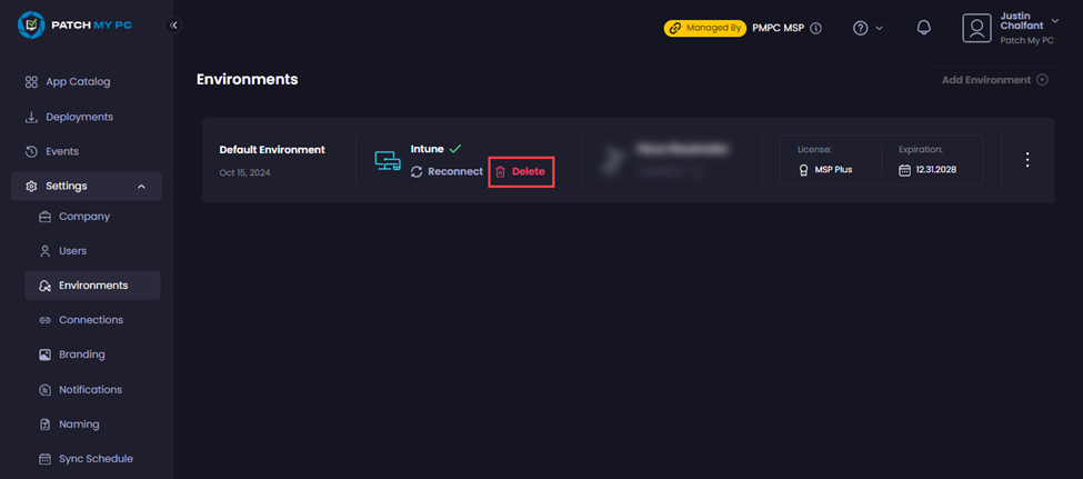 Clicking 'Delete' beside 'Intune'