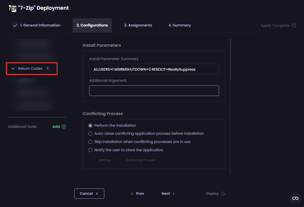 Clicking the 'Return Codes' tool