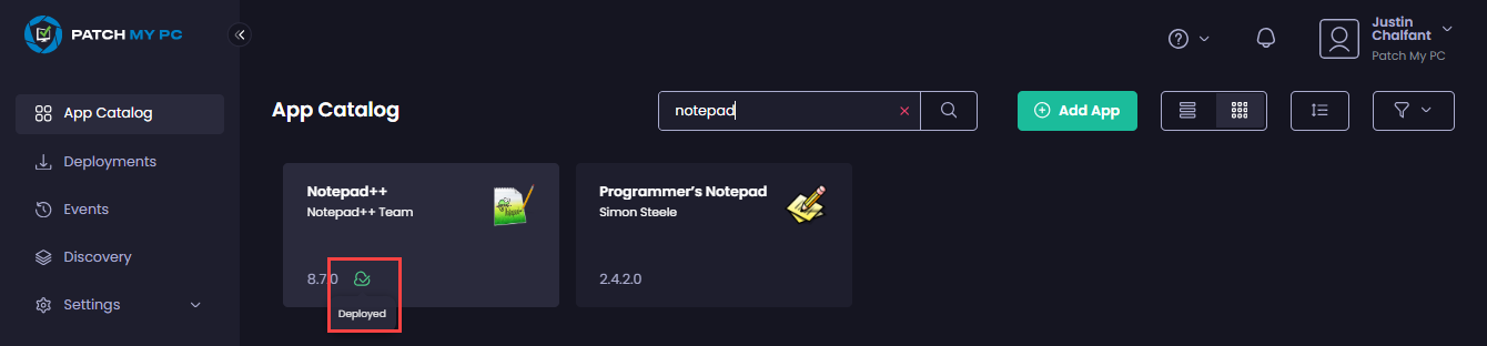 How an app only deployed through PMPC Cloud appears in the App Catalog