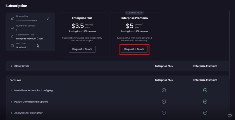 Clicking ‘Request a Quote’ under ‘Enterprise Premium’