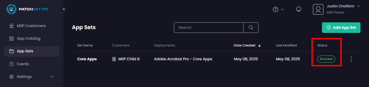 App Set showing with a status of “Success”