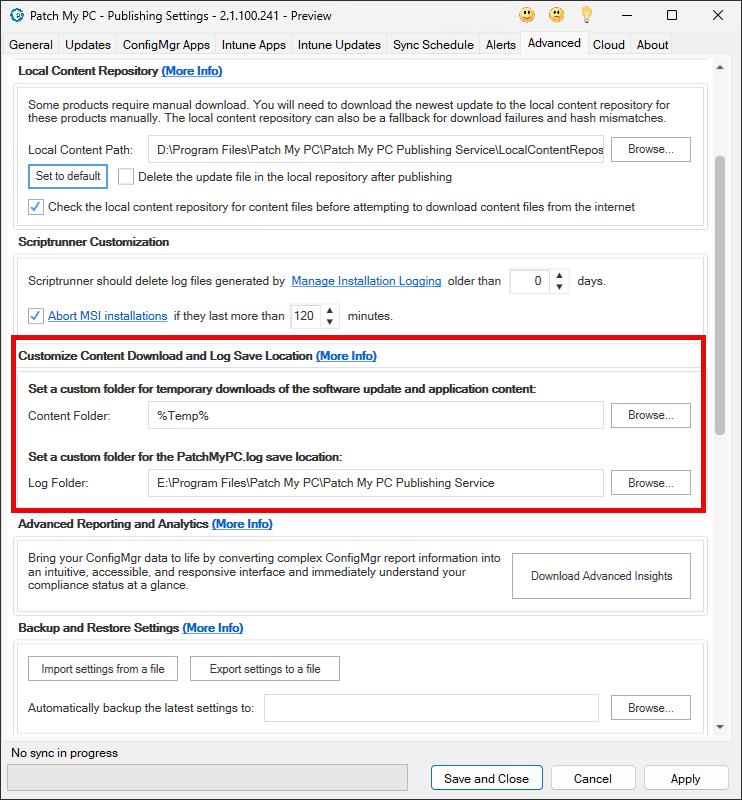 Customize Content Download and Log Save Location