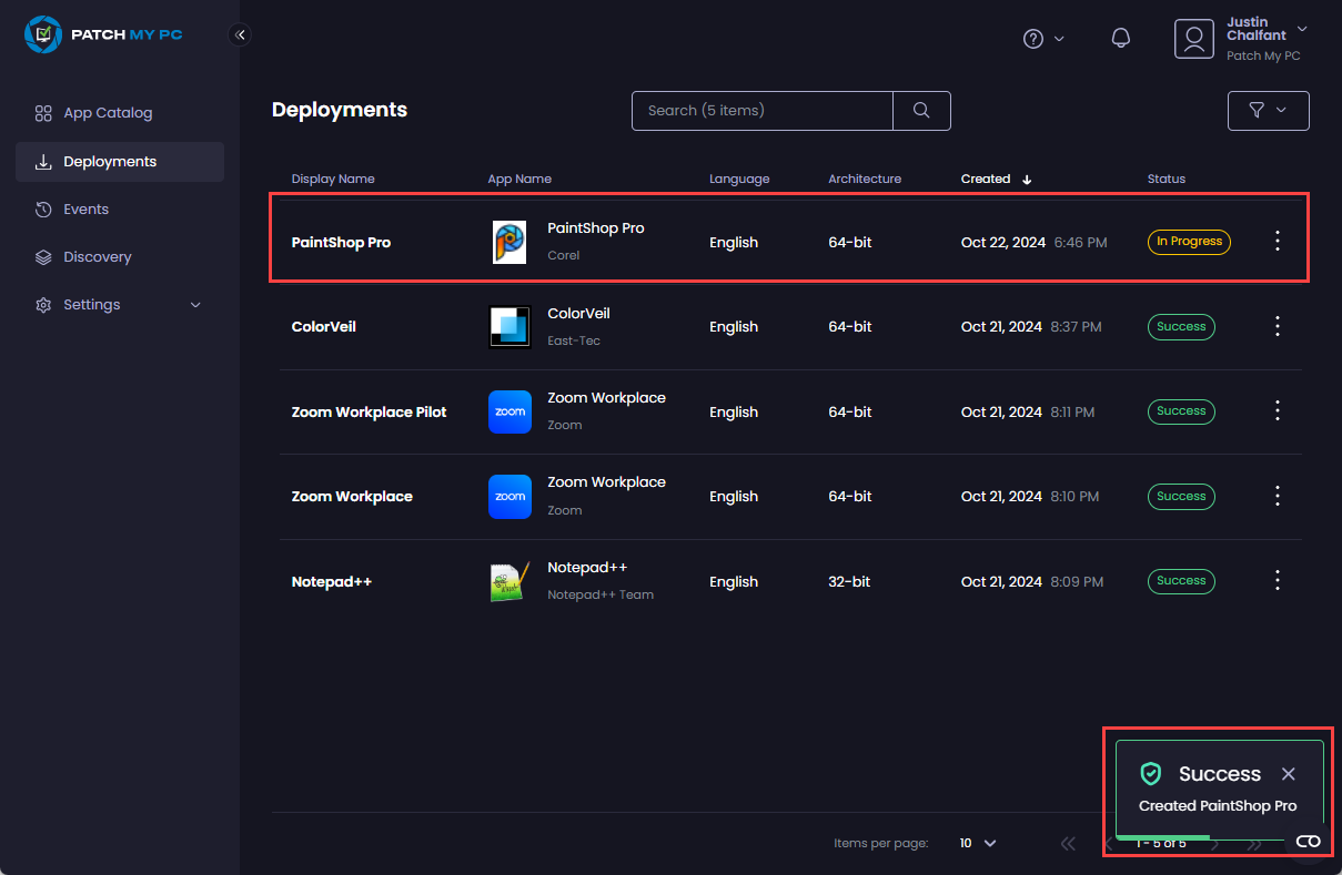 “Deployments” node appearing showing the deployment as “In Progress” and the “Success – Created <deployment_name>” notification. 