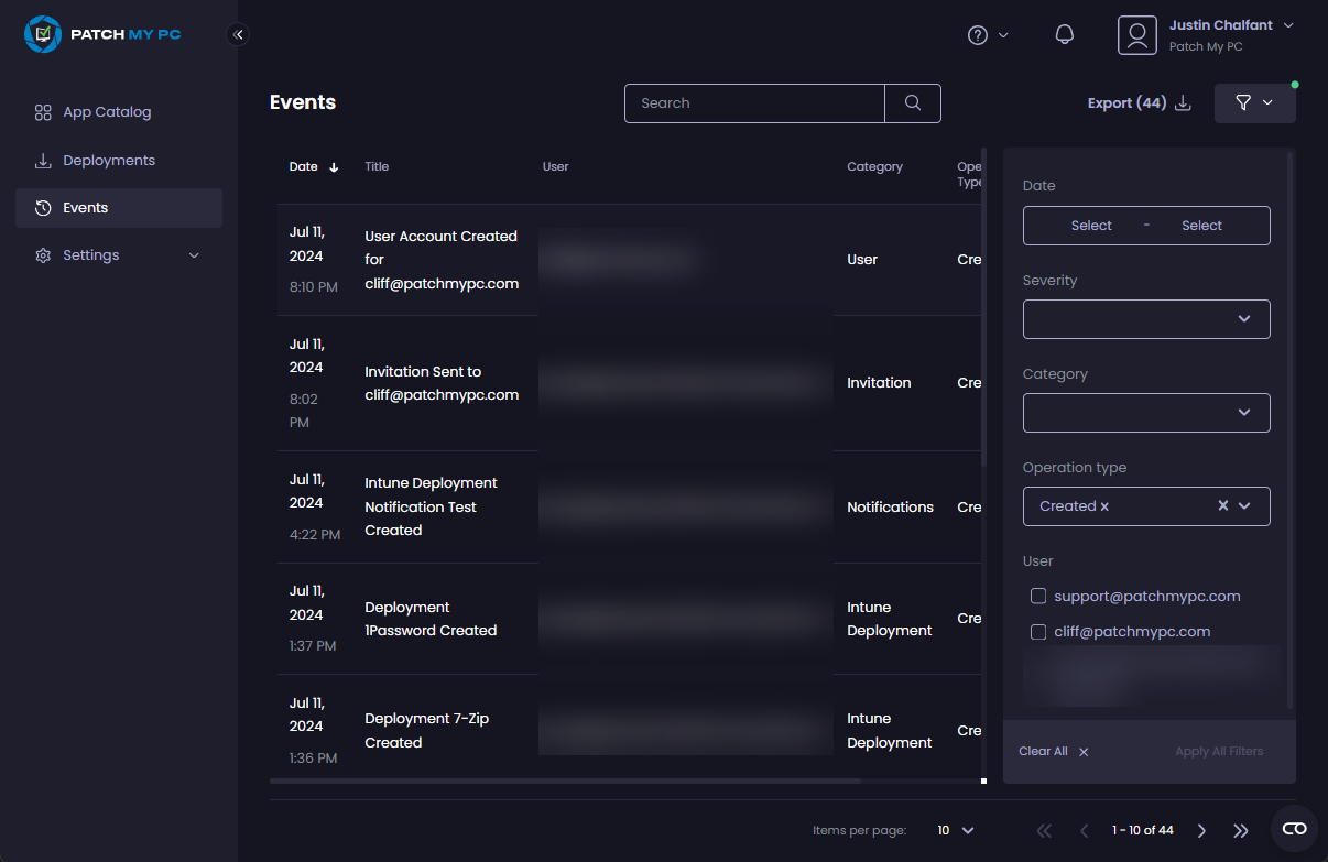 Only events matching the filtered criteria are shown