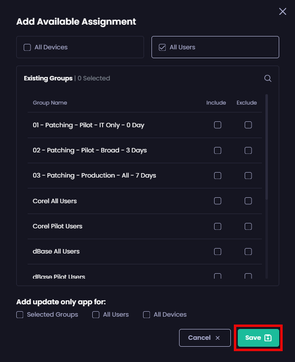 Choosing the relevant Entra ID security groups to target for this assignment