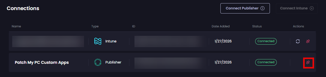 Clicking the red disconnect icon beside the Publisher connection you want to disconnect