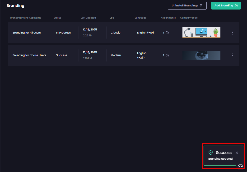 'Success - Branding updated' notification