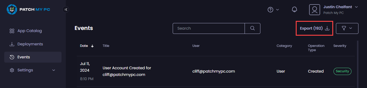 Clicking “Export” in the header of the “Events” page