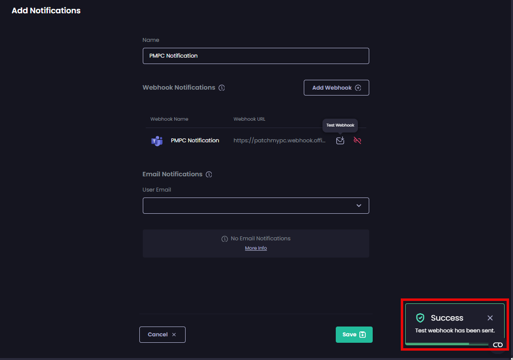 'Success - Test webhook has been sent' notification