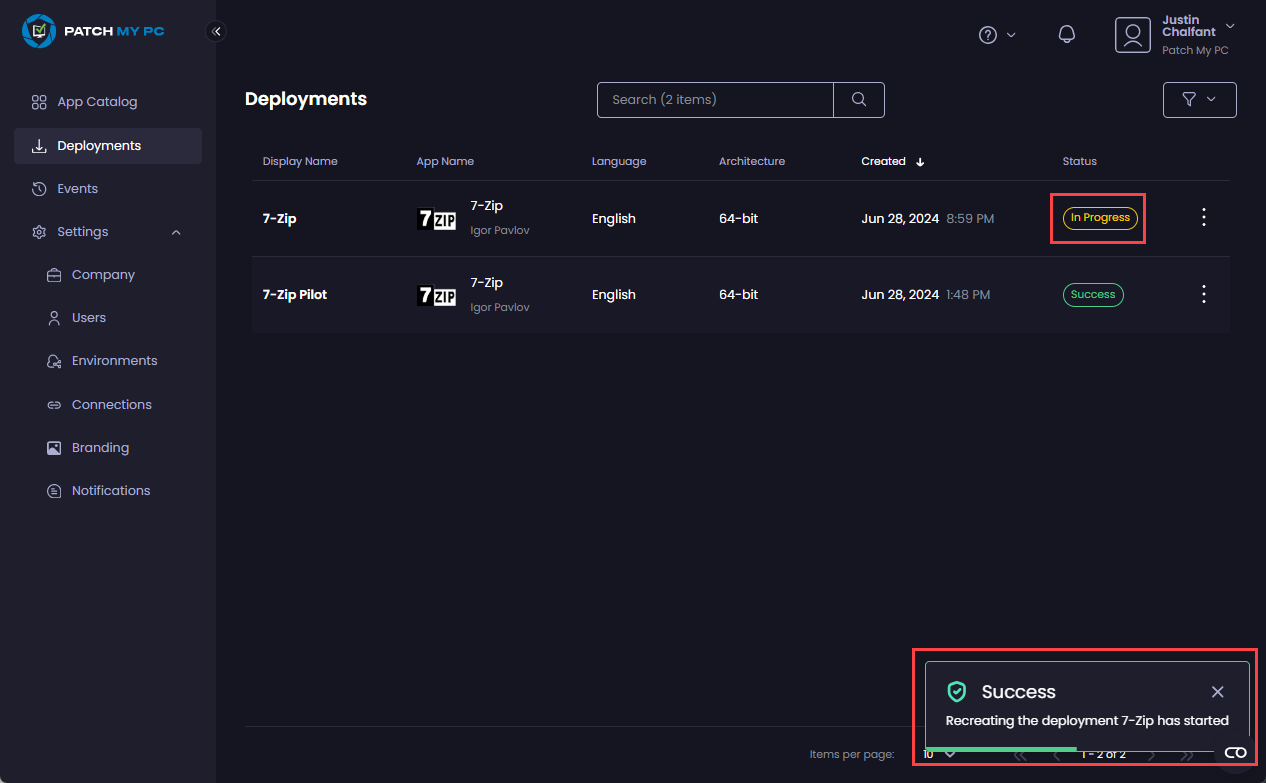 Change to deployment status and message stating the recreation process has started