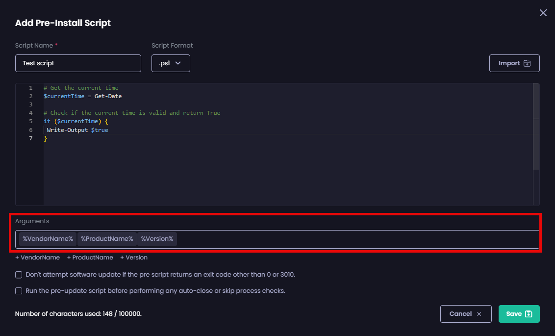 Entering any arguments you want to provide to the script by specifying them in the “Arguments” field