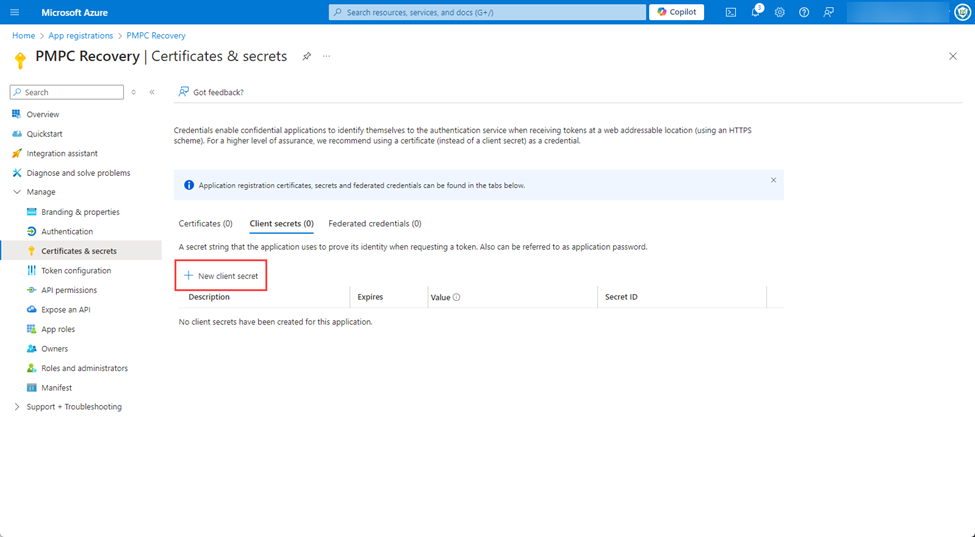Clicking 'New client secret' under the 'Client secrets' section
