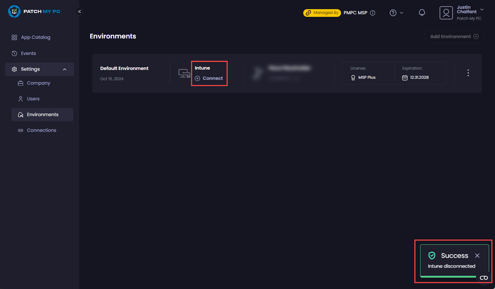 Portal refreshing to show that the Intune connection has been deleted and the 'Success – Intune disconnected' notification is displayed