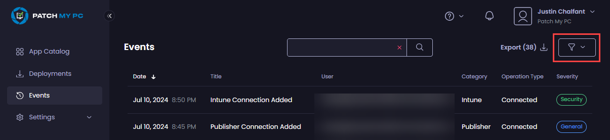 Clicking the funnel button