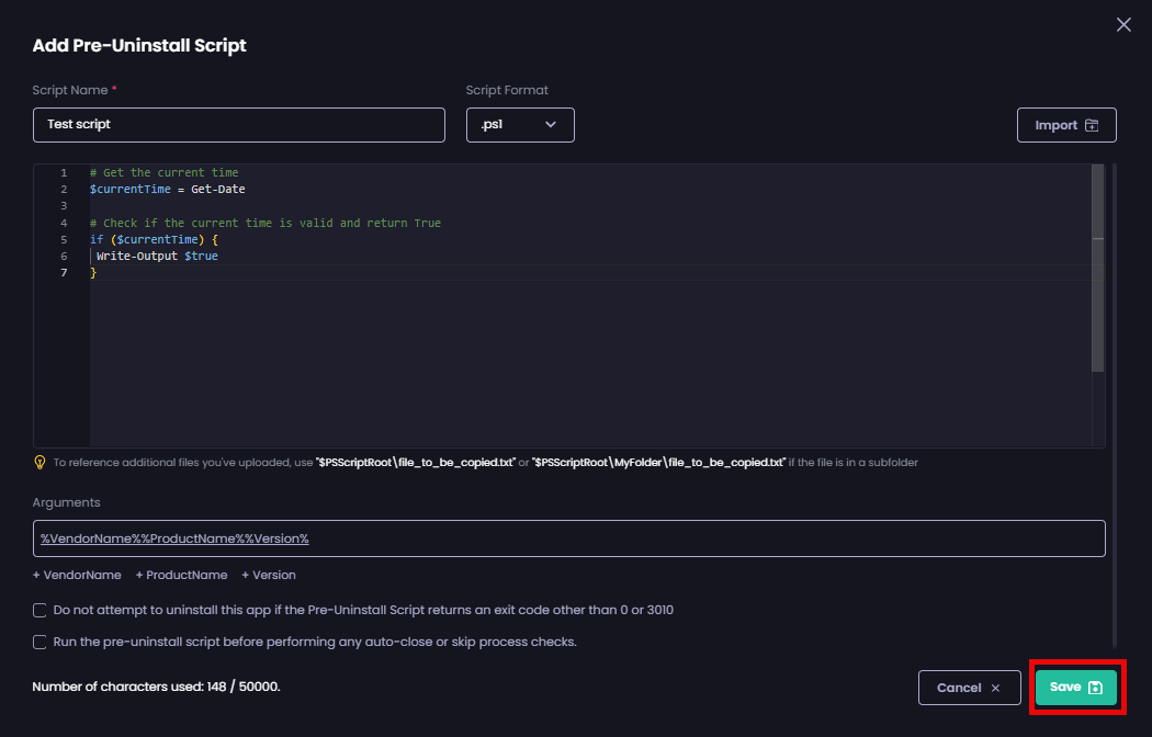 Clicking 'Save' to save your script