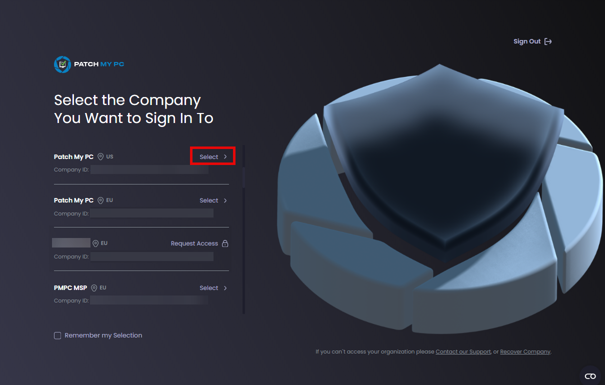 Clicking 'Select' beside the company you want to sign in to.
