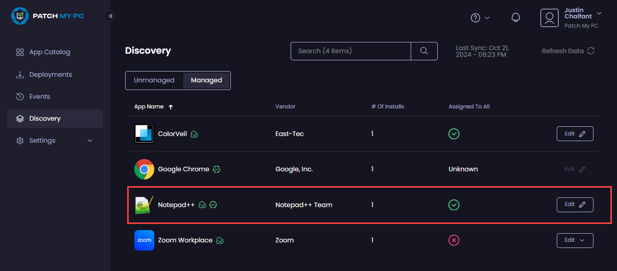 How an app deployed through both PMPC Cloud and Publisher appears in the “Managed” tab