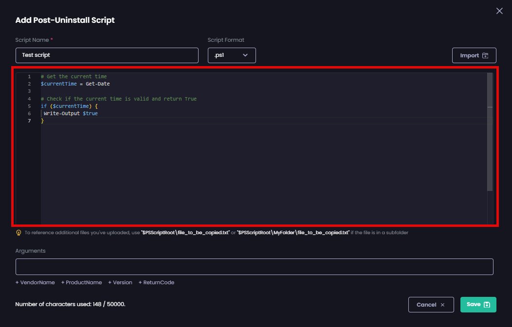 'Add Post-Uninstall Script' page is populated with the imported script.