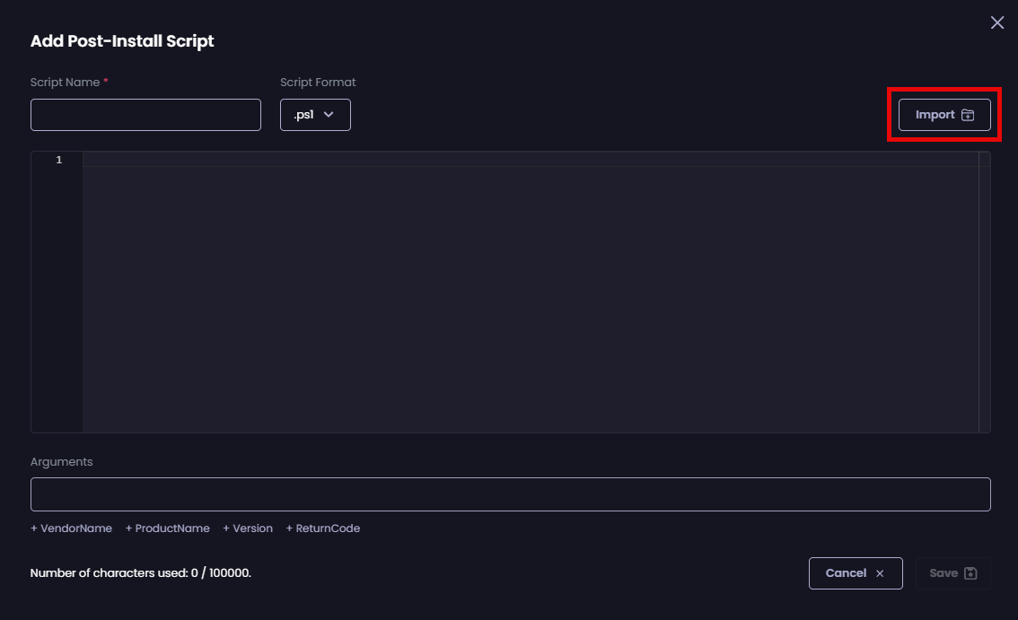 Clicking “Import” to import an existing script