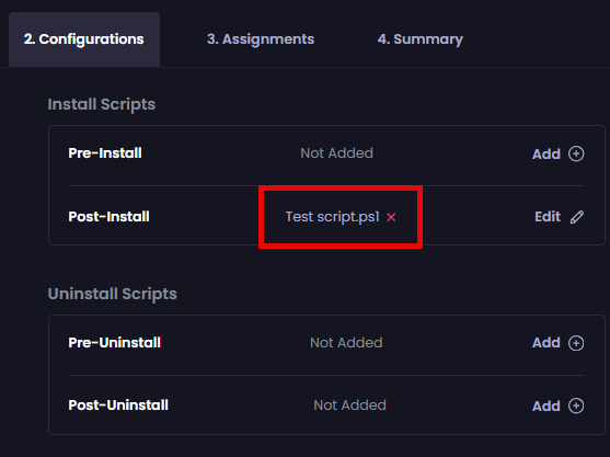 “Configurations” tab re-displayed with the name of the configured script beside it