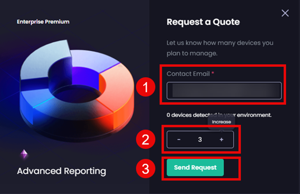 Adding your email address, selecting the number of devices you want a quote for, then clicking ‘Send Request’