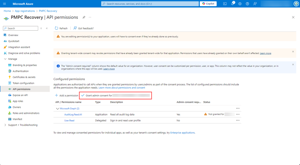 Clicking 'Grant admin consent for <your_tenant_name>'