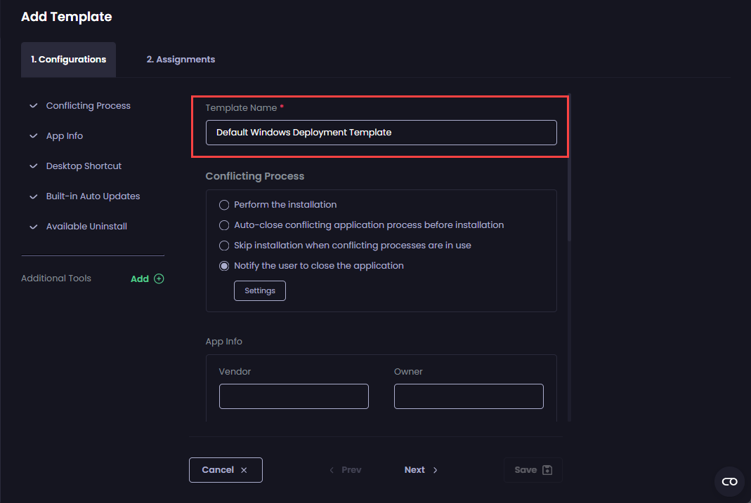 Entering a unique name for the template in the 'Template Name' field